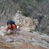 Court and Steve soloing somewhere along the upper third of the route. 