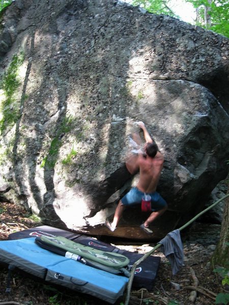 Steve Lovelace, circa 2008, on the first ascent of "badgermilk" (V-0/1).Wild Wood, Grayson Highlands State Park.