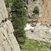 Freedom Boulder seen sitting on the shores of North Boulder Creek, below the lower east point of  Plotinus formaion, Lower Dream Canyon.