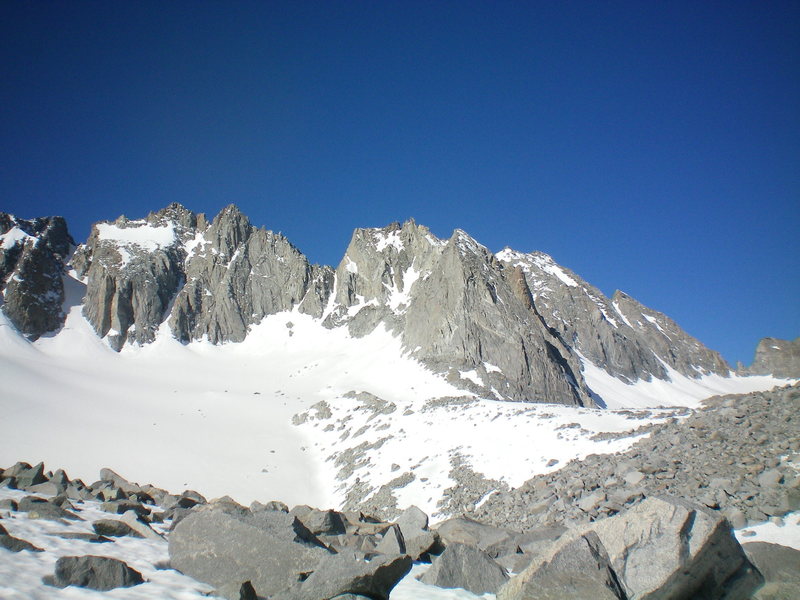 (right to left) Thunderbolt, Starlight, North Palisade, and Polemonium from the north