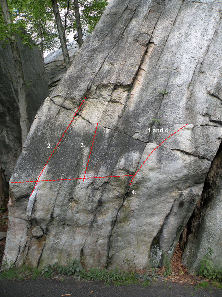 The Central Pebbles Boulder: 1. The Goldstone Traverse (V4), 2. Tweedledum (V2), 3. Just Another Problem in the Trapps (V3), 4. Goldstone Layaway (V2)