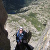 Liz near the top of the minor summit on a really cool flake.