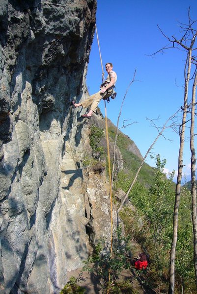 Rapping off "Onomatopoeia" 5.12a, at The Weekender Wall, Mile Marker 83, Glenn Highway, Alaska.