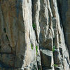 This picture shows the beautiful 2nd "Arete crack" pitch.It starts off the obvious ledge.