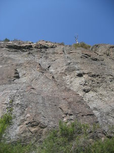 Looking up from the base of the Main Wall at Mt. Erie.  The white snag on the right provides "Snag Buttress" with its name.
