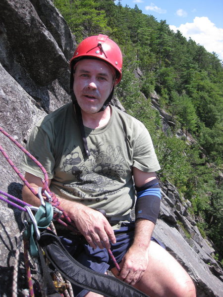 Myself at the second pitch belay. Photographer Ryan Barber.