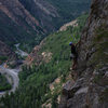 Mike Kurilich starting up the upper arete on Rager's Edge