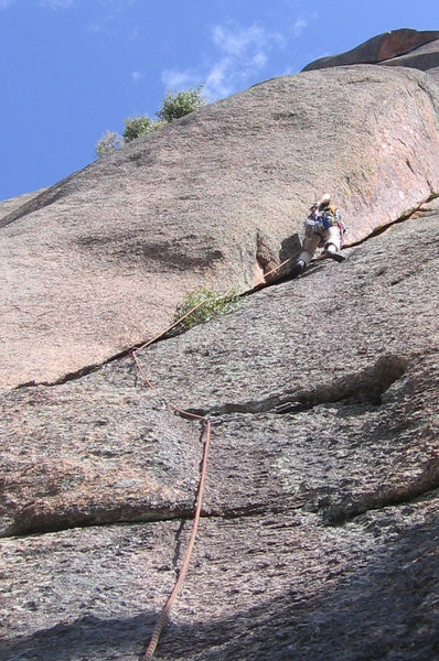 The lieback, jamming option for pitch one, easy 5.7. An alternative start is in a crack system just to the right of this photo.