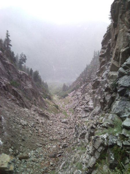 Looking down after all hell broke loose.  Nothing like being in a tight canyon when hail and lightening and pouring rain and snow are all knocking rocks down.