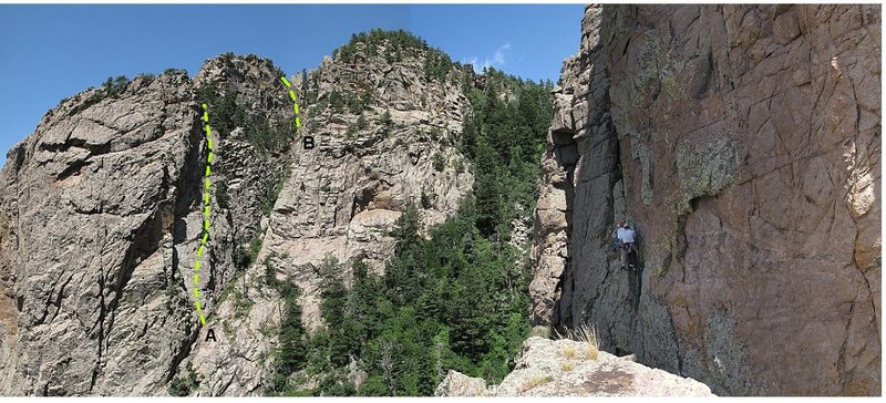 The west side of Echo Canyon, featuring the Ramp (A) and 606 on the Rudder (B), as seen from the top of Bush Shark. The unknown climbers are on Big T.