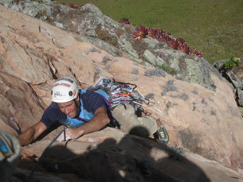 Luis on the route's crux.  Nice overhanging 11c crux with a clean fall and bomber easy to place gear.