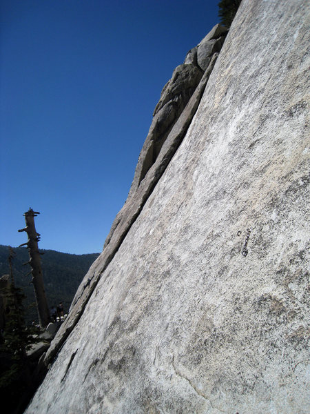 Starting anchor of Ten Karat Gold.  A beautiful and intimidating line up the right Weeping Wall.  The crux is finding the bolts as you wander up the slab!