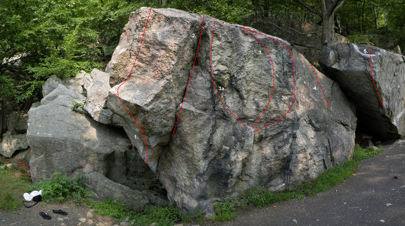 The Blasted Rock in the Boxcar Area: 1. Drifter's Escape (V2), 2. Blasted Rock Crack (V0), 3. Blasted Rock (V1), 3a. Blasted Rock Variation (V0), 3b. Blasted Rock Variation (V0), 4. Blasted Rock Slab (V0), 5. Boxcar Arete (V8)