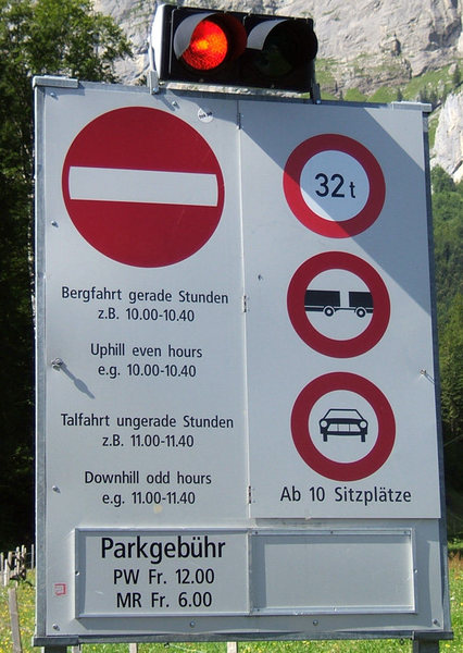 The stoplight for the road to Melchsee.  The toll for a car is 12 CHF (about 8 Eur or 12 USD). Pay inside the gondola building directly to the left.