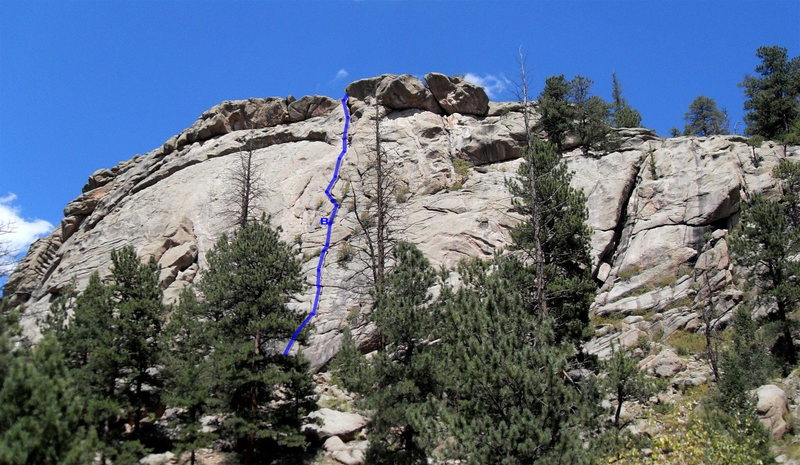 Arch Rock route follows the crack shown with the blue line.  The first belay station is labeled with a "B" and is wide and comfortable.  For the top belay after the second pitch, recommend belaying on the ledge just above the chimney so you can communicate with your second.