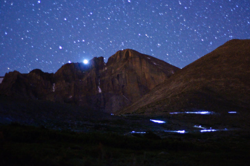 A stream of headlamps headed up Long's.