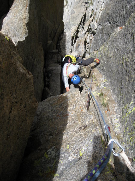 Looking down the crux pitch from above the roof.  It is steeper than it looks.