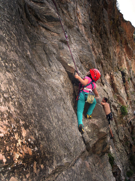 Mazzi Childers on "First Impressions-(5.9+)."  The Little Eiger.  Clear Creek Canyon, Colorado.