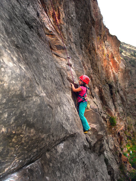 Mazzi Childers on her new favorite climb, "First Impressions-(5.9+)."  The Little Eiger.  Clear Creek Canyon, Colorado.