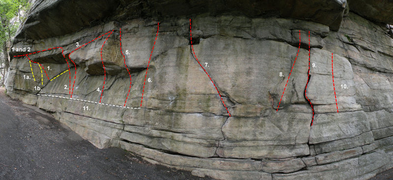 The right side of Doug's Roof: 1. Middle Traverse (V1), 1a. Middle Traverse Variation 1 (V1), 1b. Middle Traverse Variation 2 (V1), 2. High Traverse (V4), 3. Left Bulge (V2), 4. Direct Bulge (V6), 5. The Crack (V0), 6. Unnamed DA #3 (V0), 7. Unnamed DA #4 (V0), 8. Unnamed DA #5 (V0), 9. Unnamed DA #6 (V0), 10. Unnamed DA #7 (V0), 11. Low Traverse (V0)