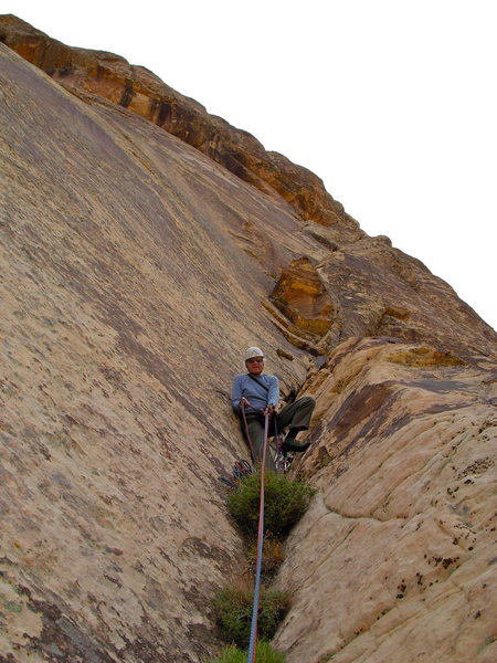 Maurice Horn belaying about half way up The Sidewinder. 