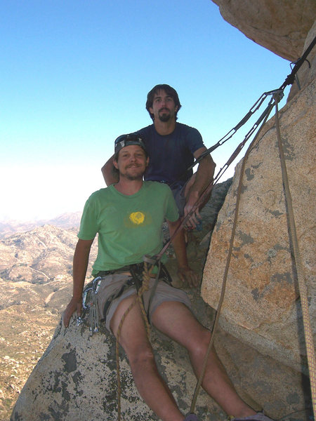 Mark Winslow (foreground) and Dan Braihland (background) at the P2 belay on the FA of Roshambo (5.9), an area classic.  Ground up no bolts, no preview, onsight.  I'm sorry to say that Mark is no longer with us.  I had a blast putting up routes with him at the Ramona Wall.