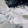 Mike Lowe at the base of the Pancake Flake, The Nose, upper pitches