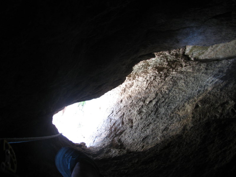 Looking down the tunnel you climb through on Inner Passage (old school 5.7). Pretty crazy feature to find 100 feet up a climb.