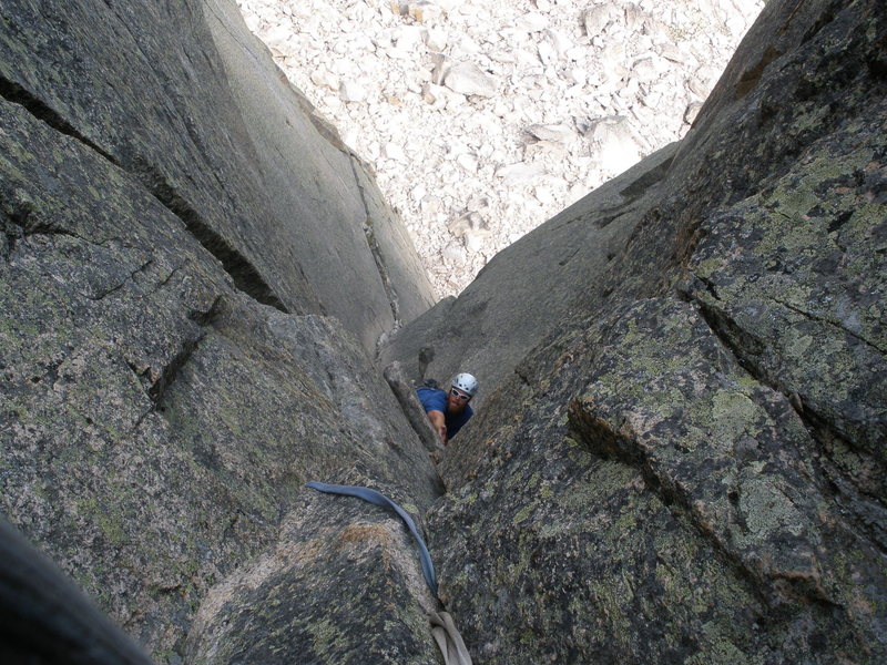 Approaching end of 2nd pitch just past the blocky terrain. 