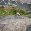 Onto easier ground after exiting the crux on the second pitch.