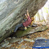 Jason Lachniet on the First Ascent of "True Grit" (V-5). This Grayson Highlands test piece can be found at the Contact Station Boulders.