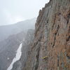 Roth across the Table Ledge crack pitch. Casual Route, Longs Peak.