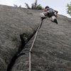 Mystery Achievement (5.9) at Good Luck cliff.  Tight hands, and sustained in the lower portion.  Perfectly straight line; no need for all those draws hanging on my gear loops!