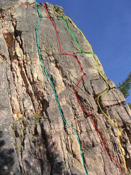 A route overview of the north face of the Ashes of Stone Buttress:<br>
Blue-Farewell to Arms .10d<br>
Red-Bozeman Beautiful .10d<br>
Yellow- Mens Rea .10 X<br>
Green-Mens Rea Variation .11 R