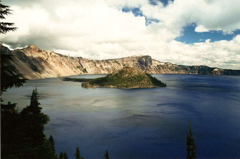 Crater Lake, I think in 2001.  Amazing place.  Wizard Island in the center.  Everyone should go on the boat tour of this place given the chance.