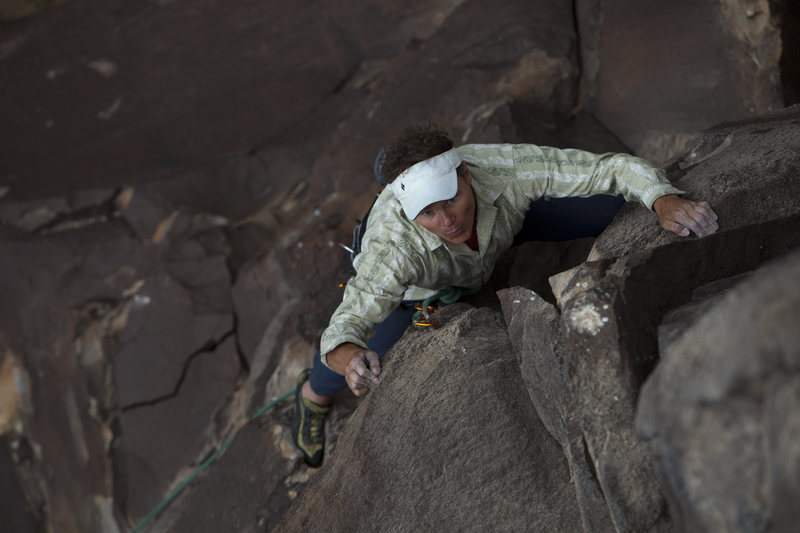 Upper arete of shared finish of Gorge Us and Out Rage Us.<br>
Andrew Burr Photo