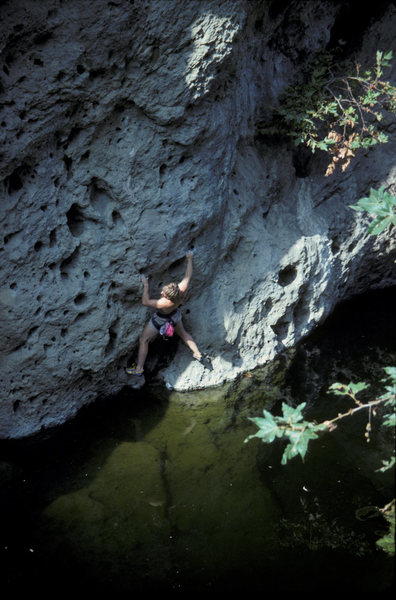 Chuck Brainard traversing over pond