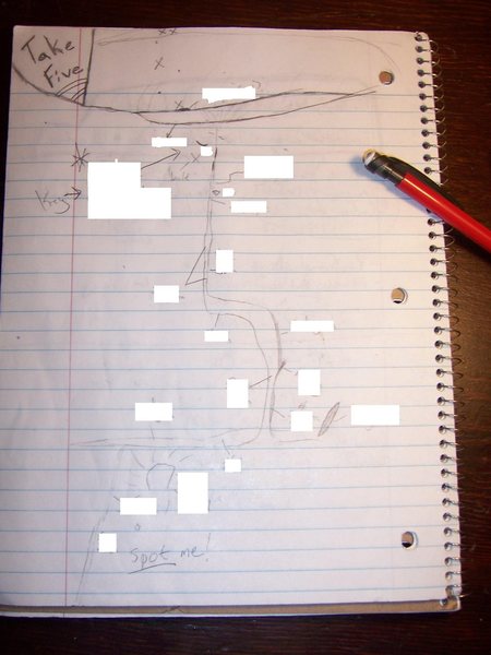 Fill in the blanks.<br>
<br>
I made this sketch of our route when I had a free moment between classes.  I did this so I would not forget the sequence. This way I could review before I climbed Take 5. 