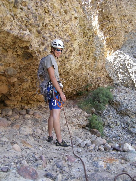 Tristan walking across "pitch 2" - the ledge at the top of pitch 1.