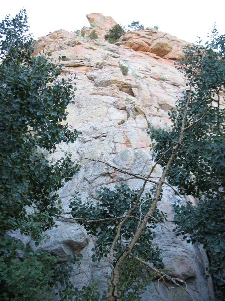 West Ridge (5.7), The Frog, Sandia Mountains, NM.  Foreshortened view from the base; climb starts in crack on lower right.