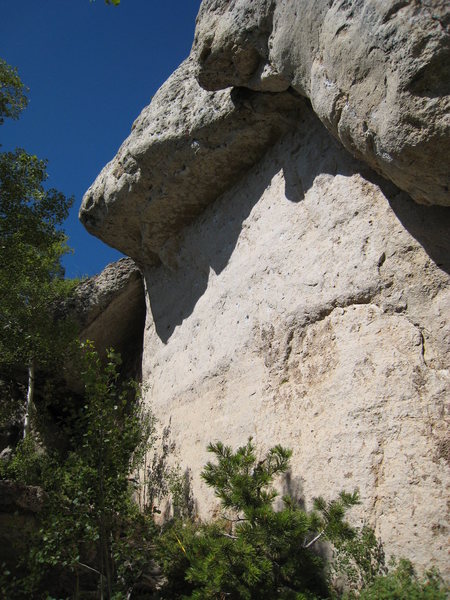 The roof-capped left half of the Rode Hard Wall.  This section of cliff features (from L--> R):<br>
<br>
Copenhagen Angel, 13b<br>
Phony Express, 12b<br>
Rode Hard..., 12c<br>
Nine Horse Johnson, 11c<br>
and you can see the top half of Wind & Rattlesnakes, 12a, which climbs the left-leaning prow.