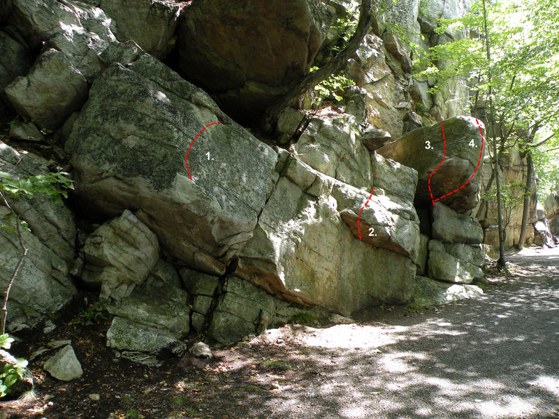 The Far left side of the Keyhole Cliff area: 1. Three Fools (V3), 2. Dr. V (V0-), 3. The Egg (V7), 4. The Gill Egg (V4)