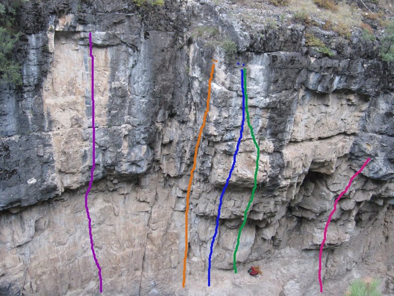 Opposite of the Main Wall. <br>
Left to Right.<br>
<br>
Death Quiver(5.11d)<br>
Zipper Head(5.12a)<br>
So Gone Pocket Throw(5.12-)<br>
This Is My Route(OP)<br>
Drive On(5.12b)