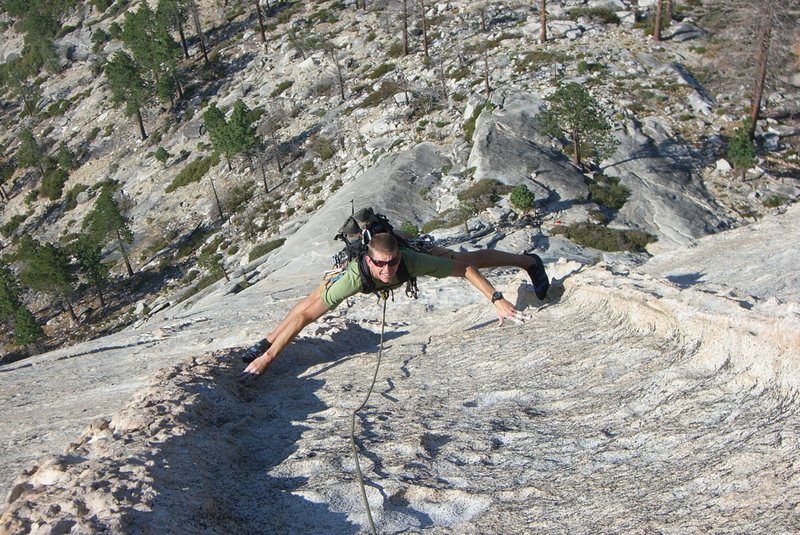 Stemming two dikes up high on Snake Dike. Sometimes it pays to be 6'5". September 2007.