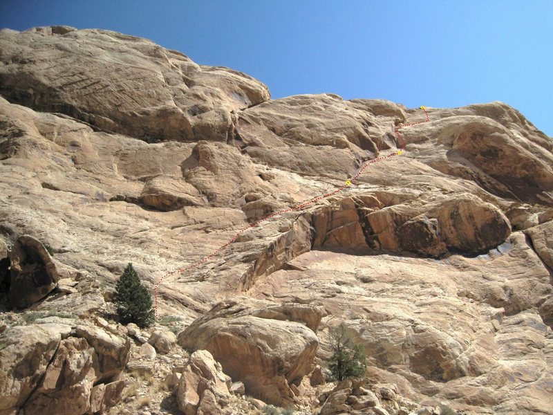 The Route ..Double Click to enlarge. Three one pitch routes are located on the slab to the left.The top of The Crack climb is just visible mid height on right edge of pic