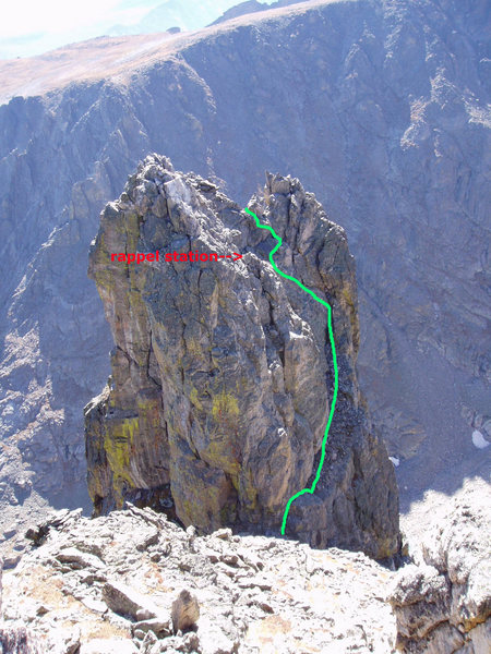 Descent from the left hand spire on Notchtop, both the 4th class downclimb (green) and rappel.