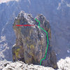 Descent from the left hand spire on Notchtop, both the 4th class downclimb (green) and rappel.