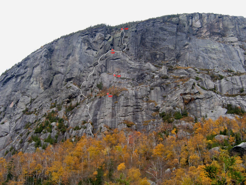 Track of the route in white, rappel stations in red