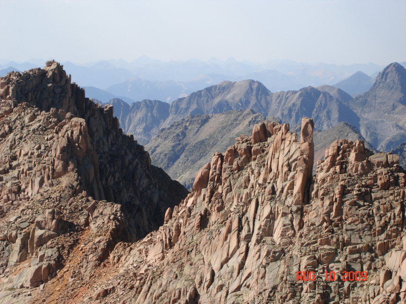 Spire on the right, Sunlight Mtn. on left.