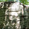 East side of the Lower Wawarsing Boulder (there is some fish-eye distortion from the panoramic photo): 1. South East Arete (V0+), 2. South East Face (V0), 3. East Face Crack (V0-), 4. North East Face (V0), 5. North East Arete (V0-), 6. Girdle Traverse (V1)